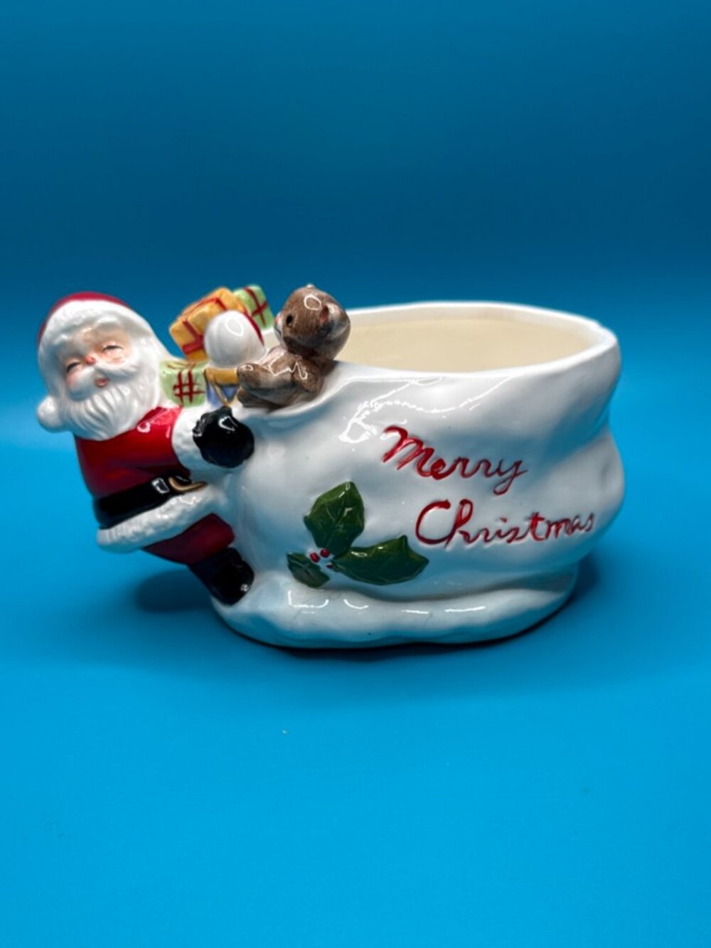 VTG Flambro Santa Claus Hold Large Toy Sack Ceramic Planter Candy Dish Taiwan